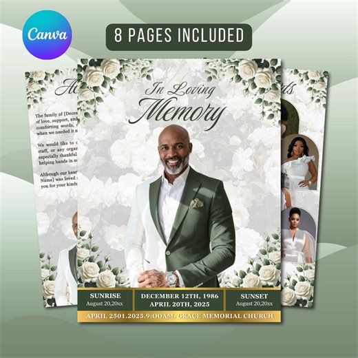 Green & White Funeral Program Template: 8-page Memorial (canva, Digital Download) - Etsy