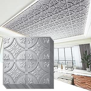 Art3d Drop Ceiling Tiles 2x2, Glue-up Ceiling Panel, Fancy Classic Style, Argent Silver