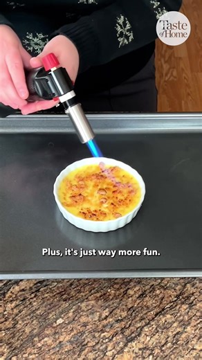 Watch as Bakeable editor Emily Parulski uses a kitchen torch for the first time while tackling December's challenge: Creme Brulee. Get the full recipe below: Ingredients: \t•\t4 cups heavy whipping cream \t•\t9 large egg yolks \t•\t3/4 cup sugar \t•\t1 teaspoon vanilla extract \t•\tBrown sugar Directions: \t1.\tPreheat oven to 325°F. Heat cream in a saucepan until bubbles form; remove from heat. \t2.\tWhisk egg yolks and sugar until blended. Slowly stir in hot cream, then add vanilla. \t3.\tPlac