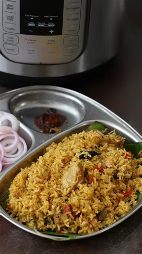 Arya on Instagram: "Malabar Irachi Choru is made easily in an Instant Pot Electric Pressure Cooker by first switching on the sauté mode and heating oil and ghee then sautéing sliced onions, ginger, garlic, green chillies, whole spices and spice powders until aromatic. Add cleaned chickn and sauté well until the masala coats the meat, set the instant pot to high pressure for 5 min..once done,mix in soaked rice, salt and enough water. Close the lid, set the Instant Pot Electric Pressure Cooker to