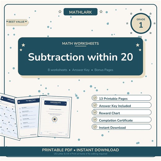 Math Worksheets Subtraction Within 20 for Kids | Grade 1 Printable PDF Download - Etsy