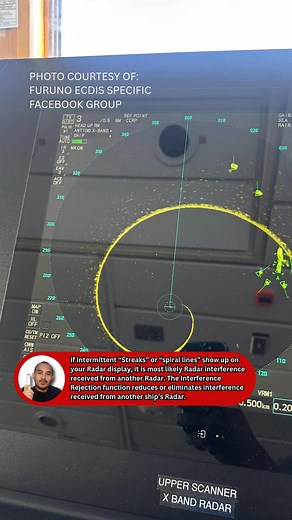 🟥SUBJECT: RADAR Interference Rejection If intermittent “Streaks” or “spiral lines” show up on your Radar display, it is most likely Radar interference received from another Radar. The Interference Rejection function reduces or eliminates interference received from another ship’s Radar. Try Interference Rejection (IR) function on top left of the screen. Enable or adjust it. Turn it off when no Radar interference exists. **FOR FURUNO MODELS ONLY | Online Third Mate