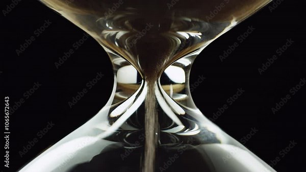Sand running out in an hourglass, golden sand grains flowing through the glass device neck, macro shot. Design, texture, and abstract concepts. Stock Video