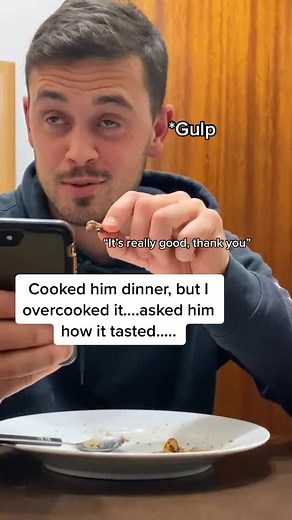 Not sure if I should be laughing or crying right now..... Overcooked his dinner, and asked him how it tastes!