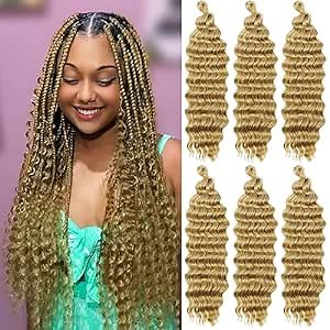 Braiding Hair Ocean Deep Wave Crochet Hair for Women 16 Inch Curly Braiding Hair for Goddess Braids Soft Faux Locs Crochet Hair Water Wave Crochet Hair Extensions Deep Wave Bundles(6 Packs,M27/613)