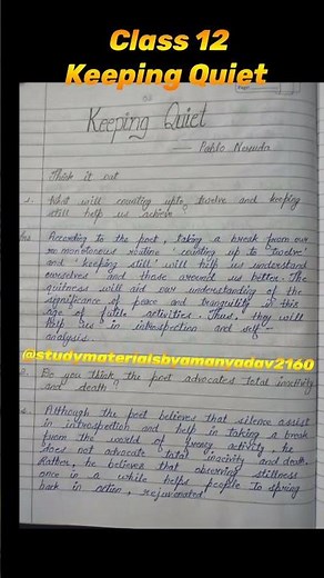 Keeping Quiet | Class 12 English Keeping Quiet Question Answer | Flamingo Ch 2 Notes #shorts #notes