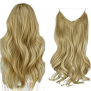 Long Curly Hair Extensions Wavy Hair Extensions for Women Secret Wire Thick Hair Extensions Transparent Fish Line Wavy Hairpiece No Clip 20 Inch 4.4 Oz (Ash Blonde Mix Bleach Blonde)