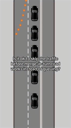 Is it ok to do this at merge-in-turn road works instead of queuing all in one lane? Let us know your opinion in the comments #ukdriving #drivingtips #drivinglaws #carinsurance #roadworks | Join Rooster