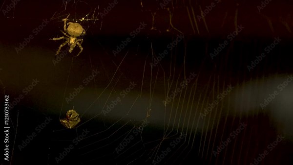 A close-up of a spider moving around the centre of his web at night. A wrapped up fly that's still alive and moving hangs stuck below Stock Video