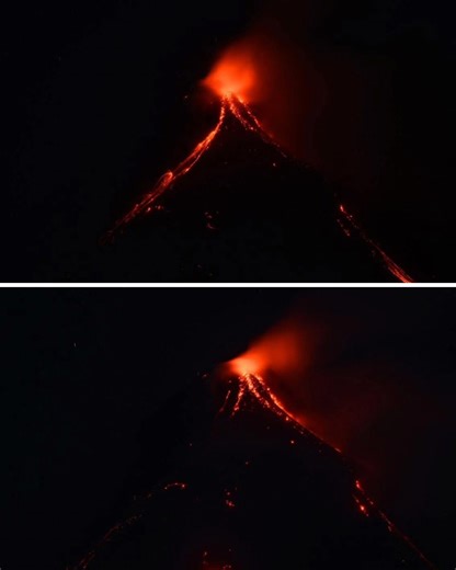 LOOK: LAVA FLOW AT MAYON VOLCANO Lava flow from Mayon Volcano’s summit crater has reached an estimated 1.3 to 3.2 kilometers downslope along the Mi-isi, Bonga, and Basud Gullies. Photos were taken from the Mayon Volcano Observatory between 7:13 PM and 10:05 PM (PST) on January 24, 2026. 📷: Phivolcs | GMA Public Affairs