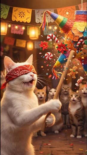 Cat Smashes Piñata and Wins Giant Gingerbread Man 🎉🐱