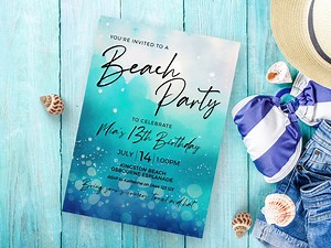Beach Party 13th Birthday Invitation | INSTANT DOWNLOAD | Teen Girl Boy Thirteenth Party Invite | Watercolor Ocean | Editable Printable MM26 - Etsy