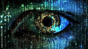 Close-up of a futuristic digital eye. Digital eye, data network and cyber security technology. Futuristic tech of virtual cyberspace. Digital eye. Internet secure surveillance. Generate AI.