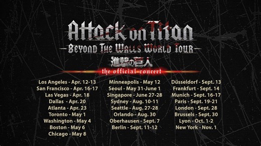 💥 Do not miss “Attack on Titan" - Beyond the Walls - World Tour - The Official Concert! 🎻🗽 The North America tour starts THIS WEEKEND at the Dolby Theatre in Los Angeles! 🏥 🎫 All tour info: http://aot.wildfaery.com 📑 Blog: https://www.anime-expo.org/2025/04/08/attack-on-titan/ 🎶 Featuring the acclaimed soundtrack composed by Hiroyuki SAWANO and KOHTA YAMAMOTO, be prepared for an unforgettable journey as the concert brings the epic saga to life through music, visuals, and raw emotion. This