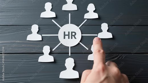 Human resource concept featuring employee icons connected to HR circle with technology and automation in payroll salary management online financial system for efficient management and processing