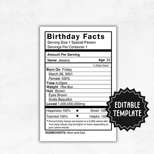 Editable Birthday Nutrition | Nutrition Facts | Nutrition Label Template | Birthday Candy or Chip Bag | Birthday Nutrition Fact - Etsy