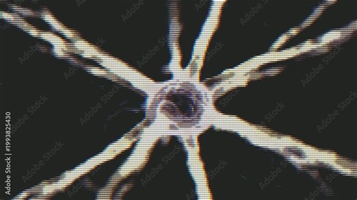 Dynamic animation of a stylized neuron-like structure with a modern halftone pixel art effect. Represents artificial intelligence, digital brain activity, and complex data connections.