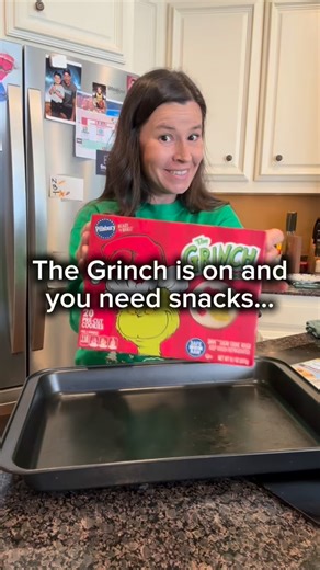 Grinch Double Stack Cookies (easy festive!) 💚🍪 These are one of those why didn’t I make this sooner holiday treats. Soft, gooey, festive, and made with store-bought dough because we’re not doing extra this week. How to make them: 1. Preheat your oven according to the Pillsbury package directions. 2. Place the large Pillsbury chocolate chip cookies on a lined baking sheet, leaving plenty of space. 3. Bake for about 4–5 minutes first, just until they start to puff and slightly spread. 4. Remove 