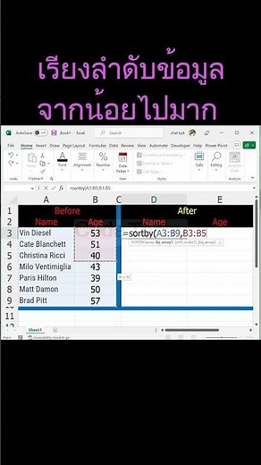 เรียงลำดับข้อมูลจาก น้อยไปมาก ด้วย Sortby excel 365 #excelfunction #sortby #เรียนexcel