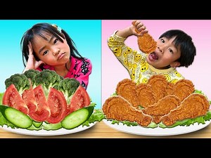 【学校ごっこ】野菜 VS お肉！共有する方法を学ぶ Kaede and Ahtan Learn to Share Food Vegetables and Fried Chicken for Kids