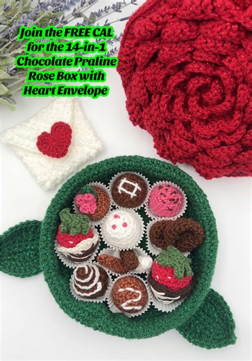 Let's Crochet a gorgeous Chocolate Praline Rose Gift Box with Heart Envelope for Valentine's Day for FREE via a LIVE Crochet Along that starts January 12th! Sign up and I'll send you the entire material list over! You also have the option to get the PDF NOW for instant, ad-free printable access if you don't want to wait and get started right away with the 14 patterns included in this pattern. Not only does the rose look super cute, but the 10 pralines look very realistic and yummy. AND the envel