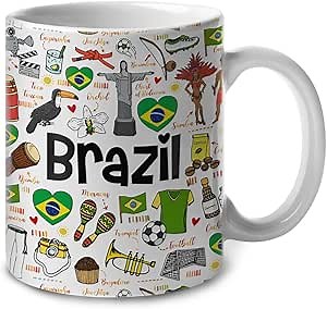 Lotacy Brazil Symbols Colorful Coffee Mug, Ceramic 11 oz, Souvenirs and Gifts, Gift Idea for Brazilian Men and Women