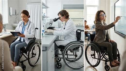 Disabled professional women in wheelchairs working as a doctor, a scientist in a laboratory using a microscope, and a teacher giving a lesson to students in a classroom