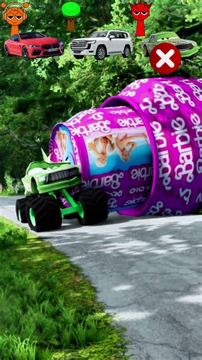 Four Trucks Transporting cars with Flatbed Trailers | Cars vs Speedbump vs Train vs Pothol #automobi