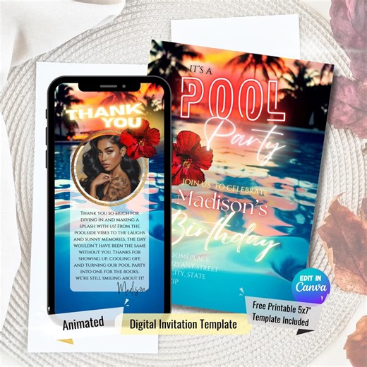 Luau Birthday Invitation Animated Video Evite Printable 5x7 Bundle, Hawaiian Pool Party Digital Invite, Aloha Tropical Island Animated, 178 - Etsy