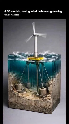 Engineering | Science | Technology on Instagram: "This 3D model takes you underwater to reveal the hidden engineering of a wind turbine. Below the waves, massive foundations anchor the structure to the seabed, support columns stabilize it against currents, and internal cables carry power to shore. It’s a reminder that renewable energy isn’t just about what you see above water — the real challenge is making these towering machines survive, operate, and generate electricity in tough marine conditi