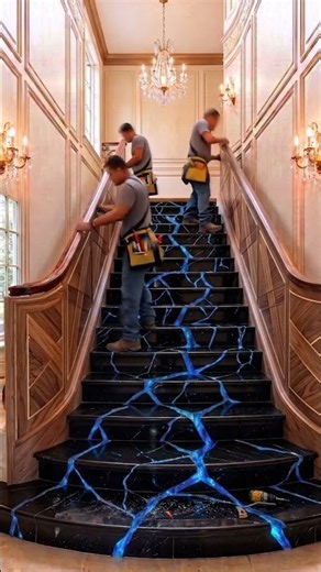 Cracked Staircase to Electric Blue Luxury! 🤯💙 #StaircaseTransformation #EpoxyStairs #HomeRenovation