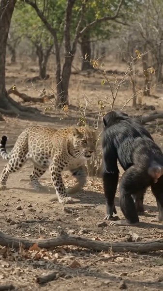 Chimpanzee and leopard confronting #Wildlife #WildlifeDocumentary #AnimalBehavior #WildAnimals