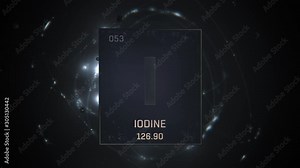 Iodine as Element 53 of the Periodic Table. Seamlessly looping 3D animation on silver illuminated atom design background with orbiting electrons. Design shows name, atomic weight and element number