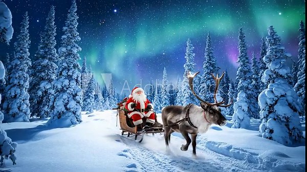 Santa rides sleigh with reindeer in snow. Santa Claus travels through a snowy forest, pulling a sleigh with a reindeer under the northern lights.