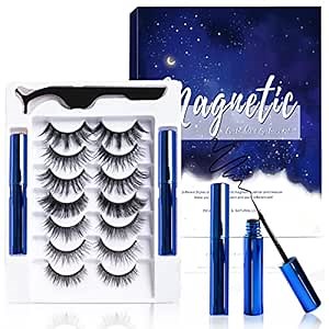 Magnetic Eyelashes and Eyeliner Kit, Premium Magnetic Lashes 3D Natural Look with Eyeliner and Tweezers, Lightweight & Sweatproof False Eyelashes No Glue Needed, Easy to Wear and Reusable (7 Pairs)