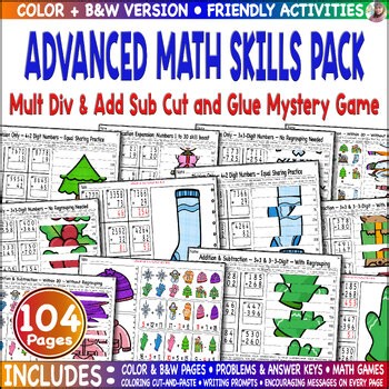 Advanced Math Skills Pack | Mult Div & Add Sub Cut and Glue Mystery Picture