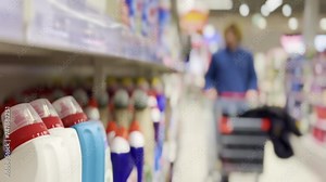 shopping in supermarket.(washing powder,detergent,shampoo, soap)