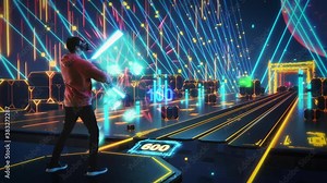 Advanced 3D Animation: Player Wearing Virtual Reality Headset Plays Augmented Reality Arcade Video Game, Fighting Cubes with Laser Swords, Scoring Points. Colorful Immersive Fun, Entertainment