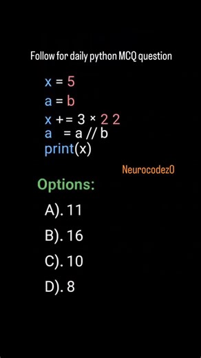 Shobhit Kumar on Instagram: "⚡Daily Python Challenge⚡ Comment your answer now ⬇️ — fastest coder gets pinned 🏆 Ready to level up your coding game? 🚀 “Brands: DM ‘Promo’ for collaboration” Follow @neurocodez0 #neurocodez0 #PythonCoding #PythonProgramming #LearnPython #DailyPython #CodeChallenge #PythonMCQ #PythonDeveloper #PythonForBeginners #CodeDaily #100DaysOfCode #programminglife #CodingQuiz"