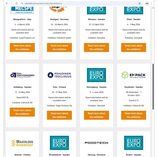 2026 EdmoLift products will be on display at several trade fairs across Europe 🌍 This means more opportunities to 🔹see #smartliftingsolutions in real life 🔹talk to experts about different types of applications 🔹get inspiration for better material handling tailored to your specific needs We regularly list upcoming events where the products can be seen live on the website. Curious to know where you can meet us or see the products in 2026? Have a look at the video or visit the exhibition calend