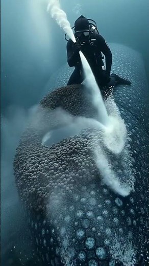 Divers carefully remove barnacles from whale skin underwater