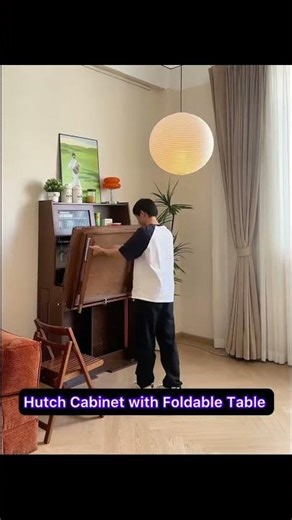 Hutch Cabinet with Foldable Table Walnut