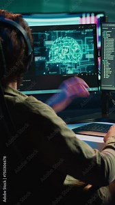 Vertical video Programmer getting interrupted during work by AI becoming sentient, saluting and asking questions about itself. Concept of artificial intelligence becoming self aware, greeting man