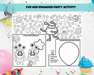 Alien Party Scene Coloring Placemat | Space Birthday Activity for Kids | Printable Alien Coloring Page | Outer Space Party Game | - Etsy