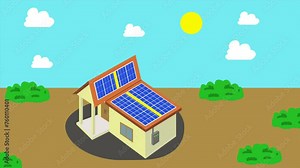 Animated illustration of a house installed with solar panels that receive energy from the sun's heat during the day to power lights and other electrical equipment at night. go green. looping animation