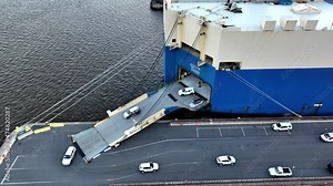 Overhead Aerial View of Vehicles Being Loaded and Unloaded from a Vehicle Carrier Ship Delaware River Philadelphia