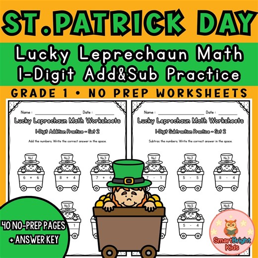 St. Patrick's Day Math Worksheets Grade 1 | 1-digit Addition, Subtraction (digital Download) - Etsy UK