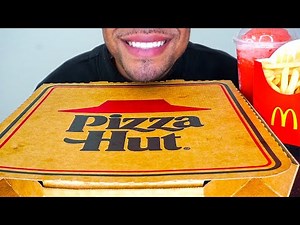 ASMR PIZZA HUT MUKBANG EATING EXTRA CHEESE PIZZA *BIG BITES* MCDONALD'S FRIES CHALLENGE TALKING
