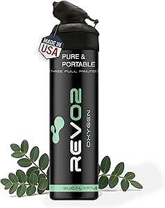REV/O2 Oxygen Can | 98% Pure Portable Oxygen Bottle for Stress Relief, Focus, Breathing Support & Wellness | 10L Canister with Leak-Proof Mouthpiece & Trigger Lock for Travel - Eucalyptus Menthol