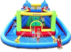 Inflatable Bounce House with Slide,Dolphin Styling,Splashing Pool,Double Water Cannon,Climbing Wall,Heavy Duty GFCI Blower,Inflatable Water Park Slide for Kids Backyard Summer